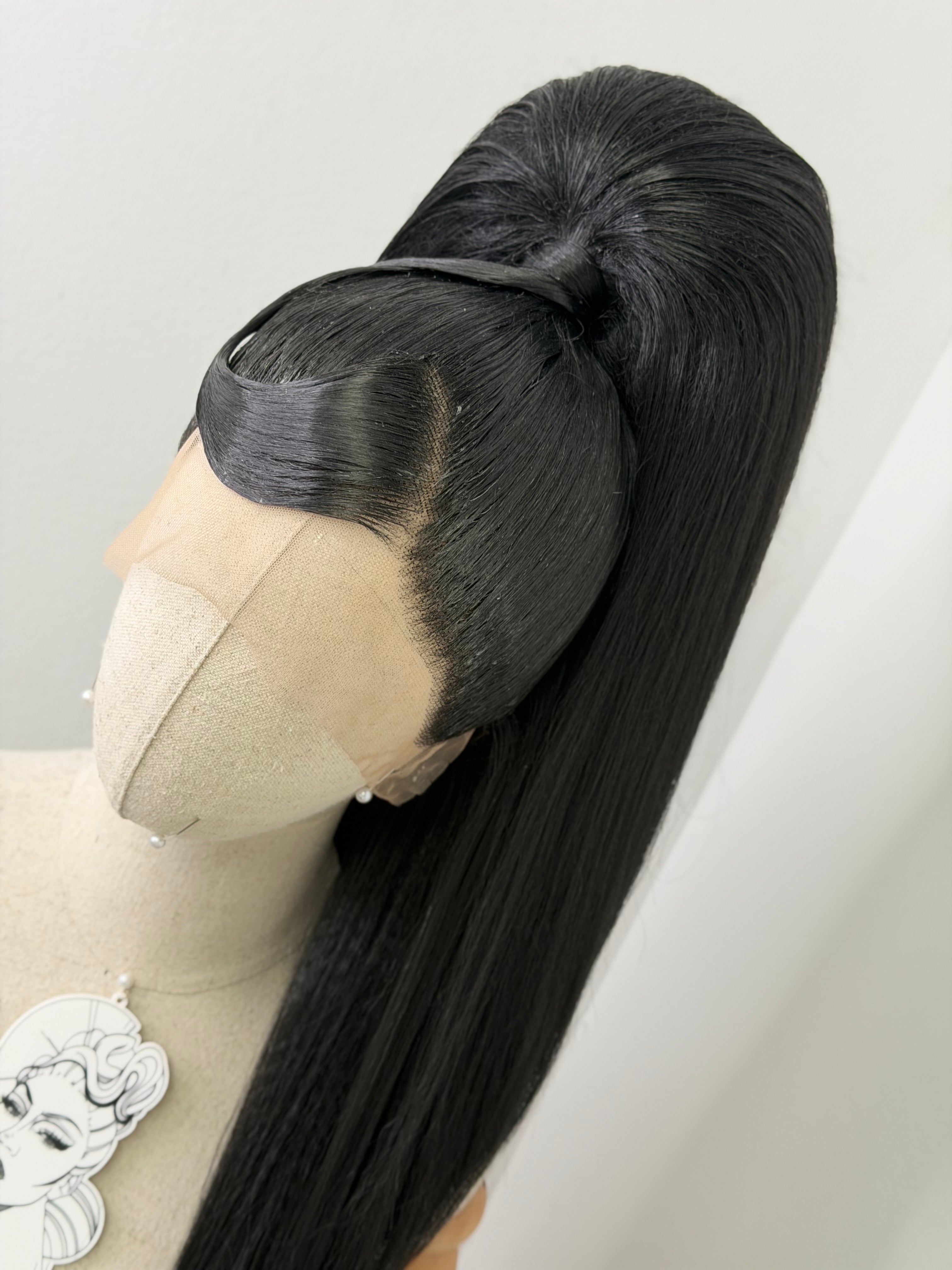 Classy sleek ponytail Wig half up deep black